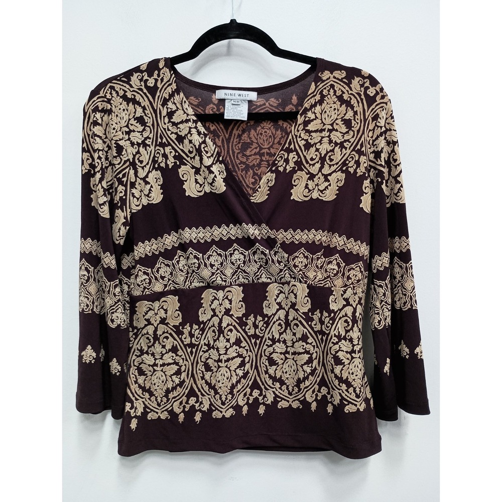 VTG‎ Y2K Nine West Babydoll BOHO Grunge Top Womens Medium Brown Floral V Neck